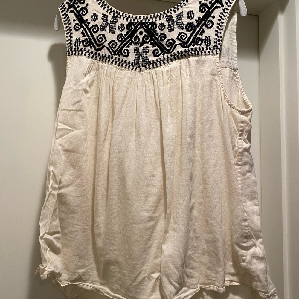 Lucky Brand Cream Top with Black Embroidery